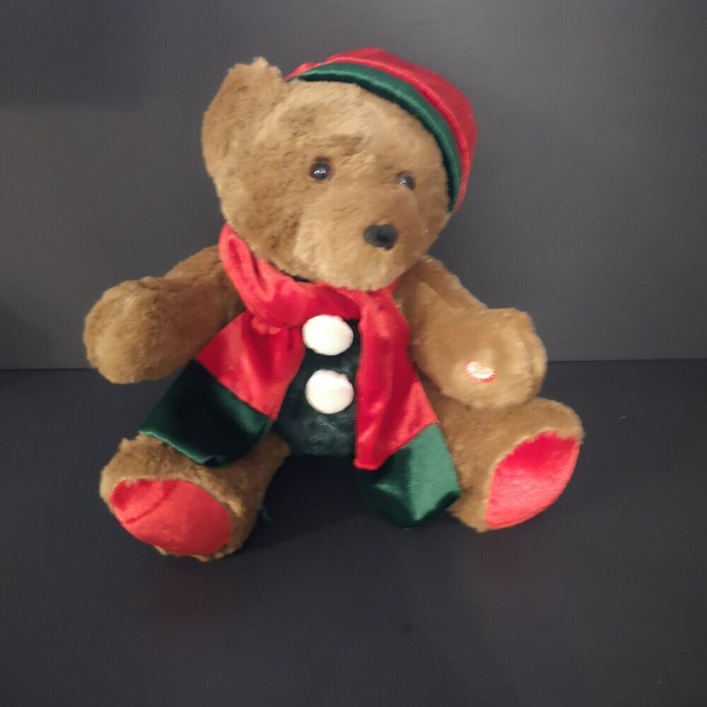 Animated Christmas Brown Bear Red/Green Hat & Scarf Sings & Cheeks Light Up